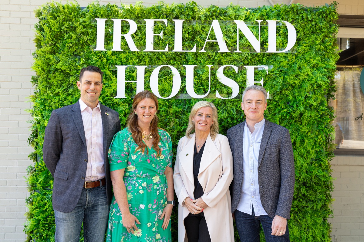 The four panelists standing in front of a sign that reads Ireland House.