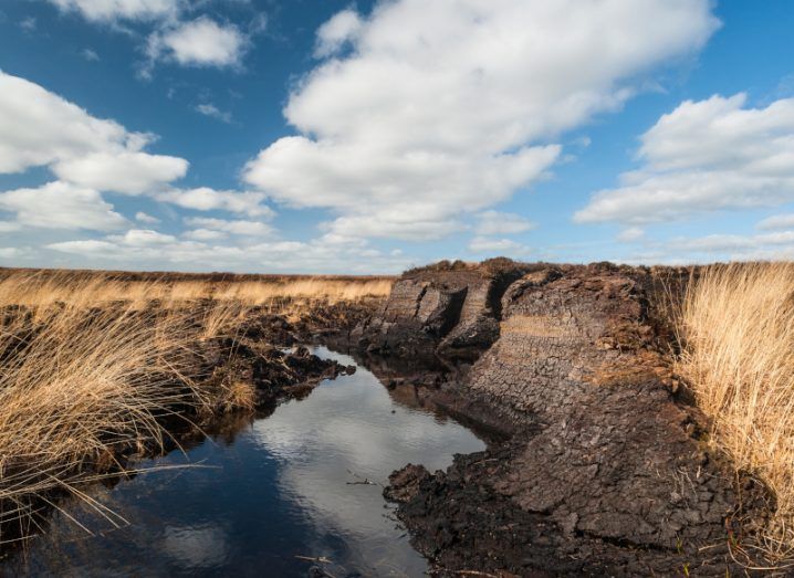 A photo of a dark stream in an Irish bog with fluffy white clouds and blue sky overhead.