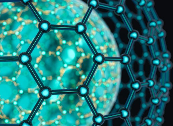 Illustration of atoms in patterns together. Used for the concept of advanced materials such as graphene.