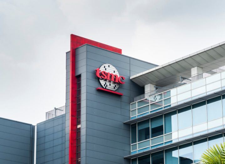 The TSMC logo on the side of a building.