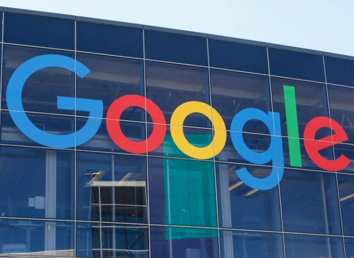 Google logo on a glass building.