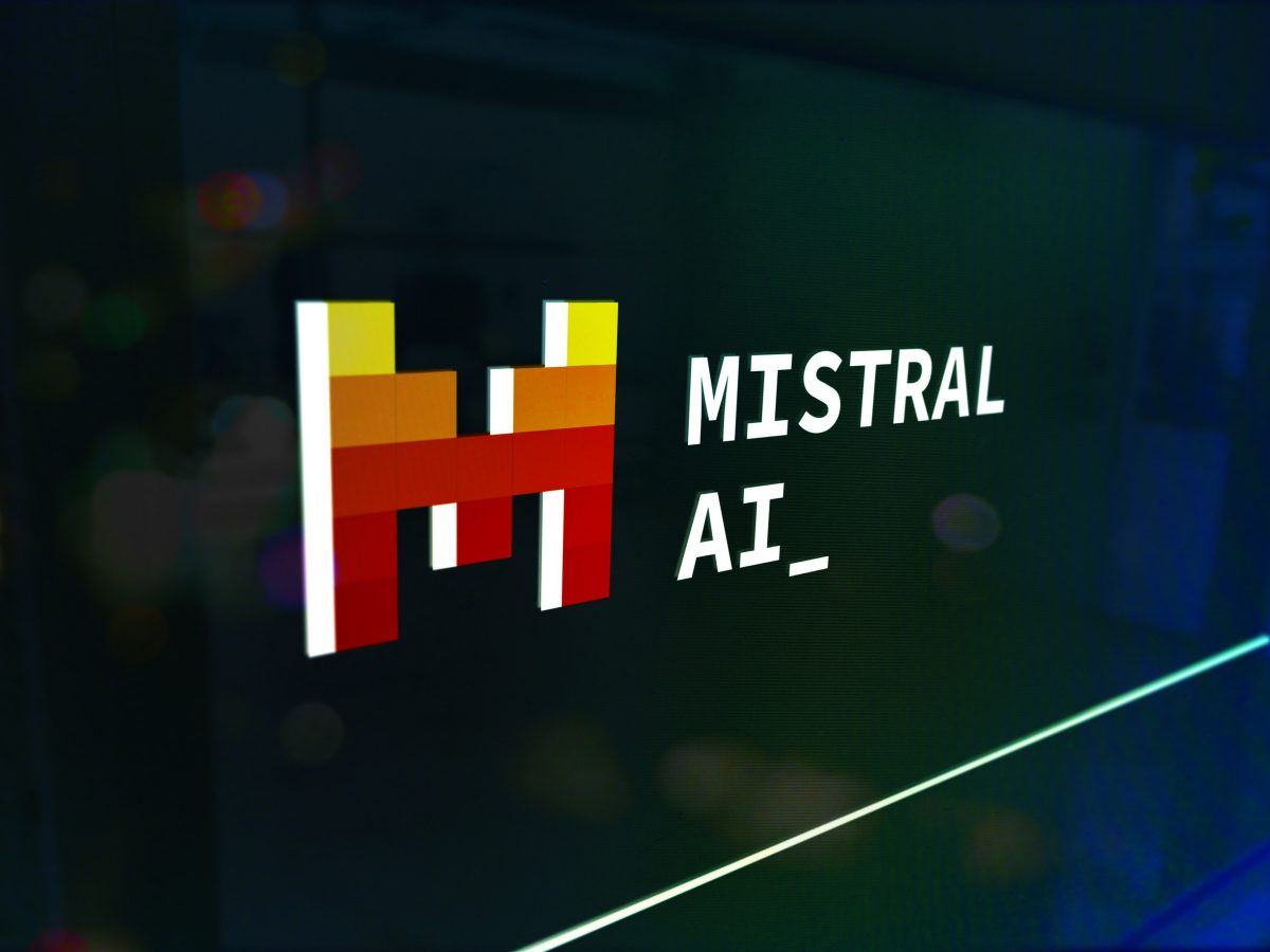 Mistral AI logo on a screen.