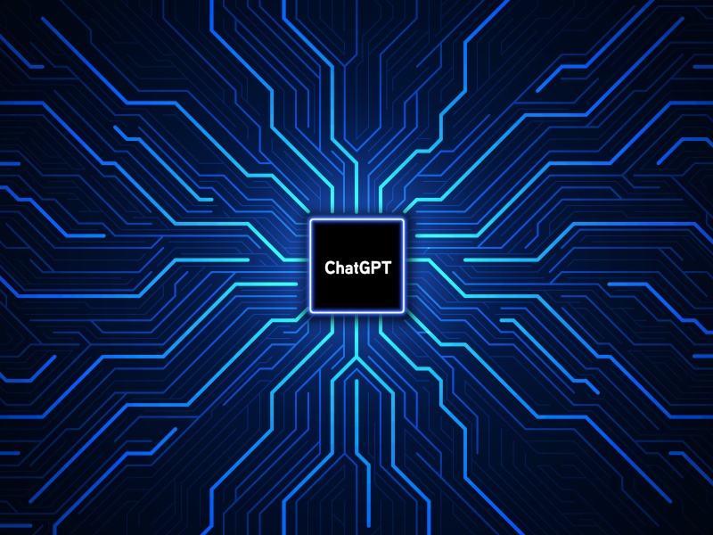 The ChatGPT logo on a black chip with blue electric lines approaching it from multiple angles.