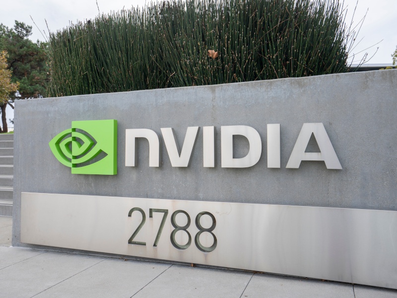 The Nvidia logo on a signpost.