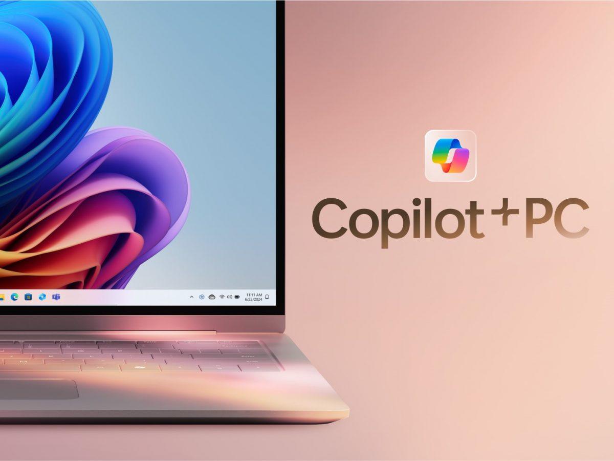 A Microsoft Copilot+ PC with branding text next to it.