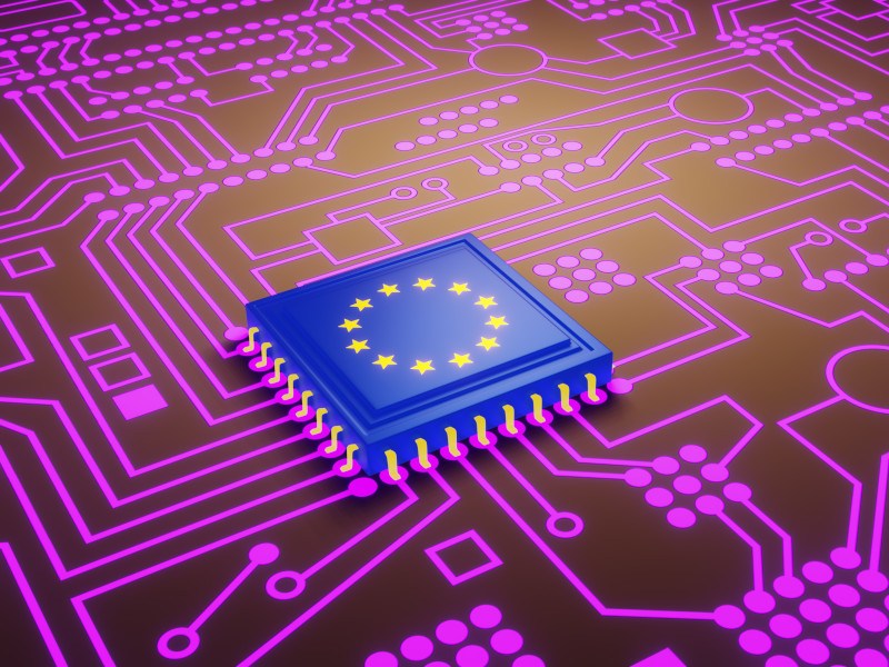 Close-up of a chip with the EU flag on it.