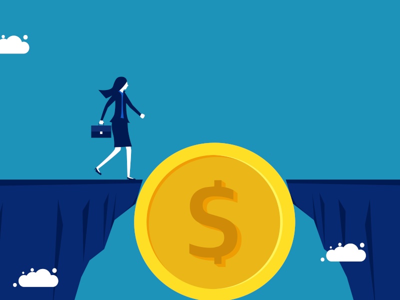 Illustration of a woman walking to a cliff edge. The gap is bridged by a giant gold coin with a dollar symbol on it, symbolising funding for women.