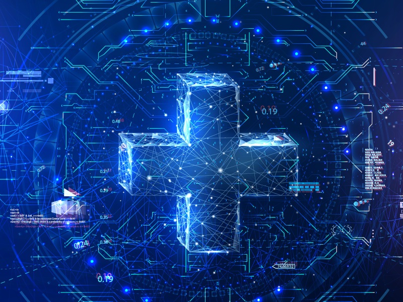 A digital illustration of healthcare cross symbol surrounded by lines and random numbers. Used for the concept of AI being used in healthcare.