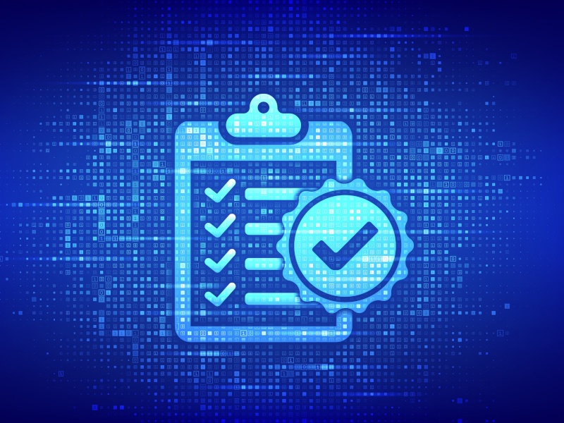 Illustration of a ledger with a checkmark sticker on it in a blue digital background. Used for the context of Ireland's Data Governance Roadmap.