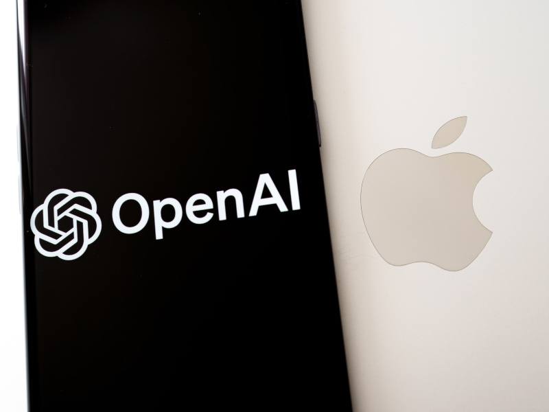 The Apple and OpenAI logos next to each other. Used for the context of the partnership announced at the Apple WWDC 2024 event.