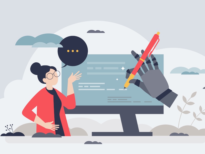 An illustration of a robot hand writing on a screen with a large pen beside a woman with a speech bubble, symbolising humans in the loop with AI.