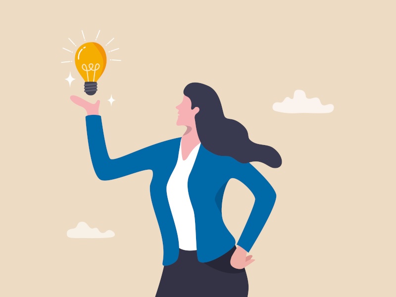 An illustration of a woman in business attire holding her hand out underneath a floating lightbulb, she represents an entrepreneur.