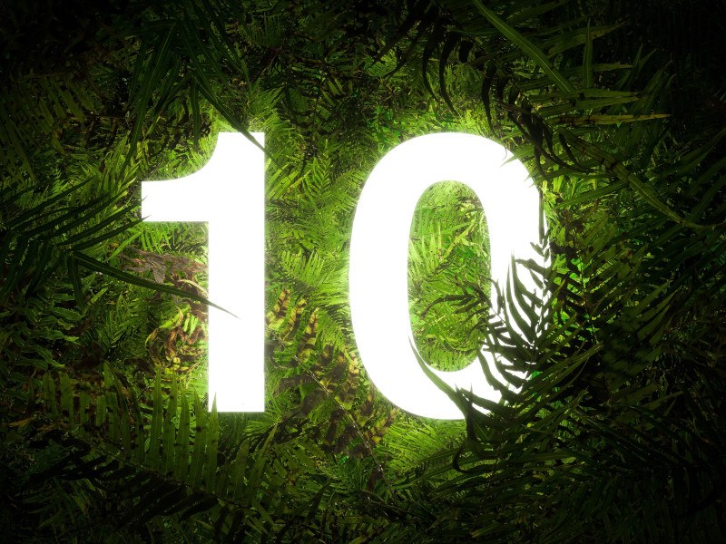 The number 10 as a white neon sign surrounded by dense green foliage.