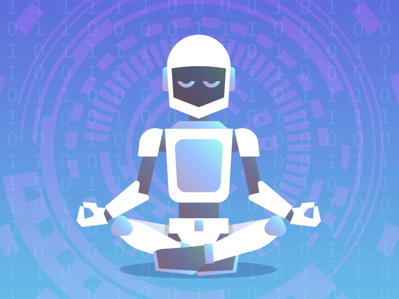 An illustration of a robot in a meditative cross-legged pose over a blue and purple background displaying binary code.