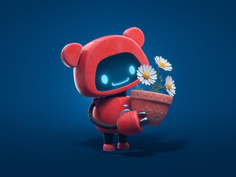 Little cute red robot with bear ears holds a clay pot with chamomile.