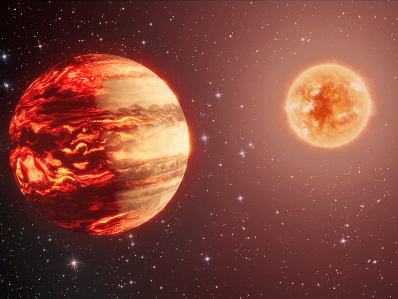Illustration of a planet with an orange star in the distance.