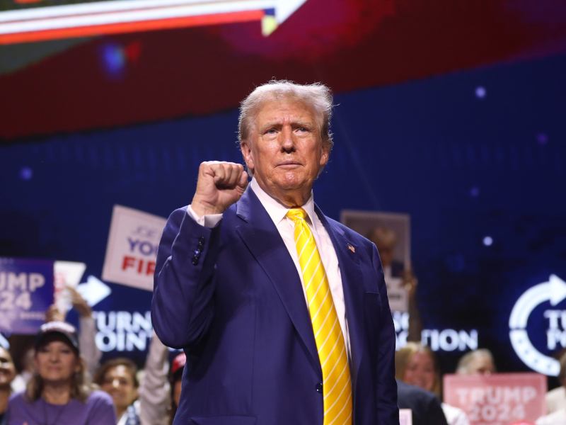 An image of Donald Trump wearing a suit and holding his fist up near his head, with a crowd behind him.