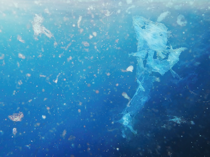 An image underwater with various pieces of plastic and microplastics floating.
