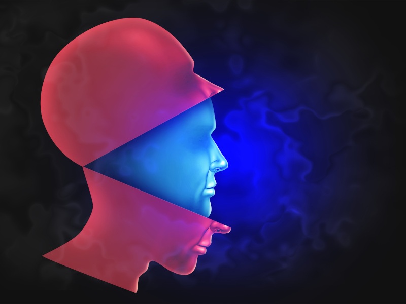 An illustration of a red head opening up to reveal a blue head beneath it, in a dark background.