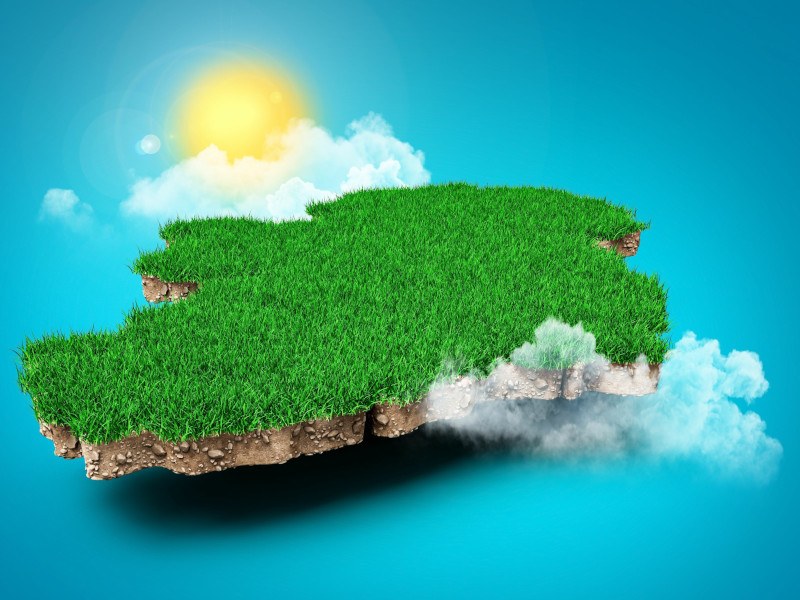 Illustration of a patch of grassy land in the shape of Ireland. There is a sun near the land signifying a heatwave.