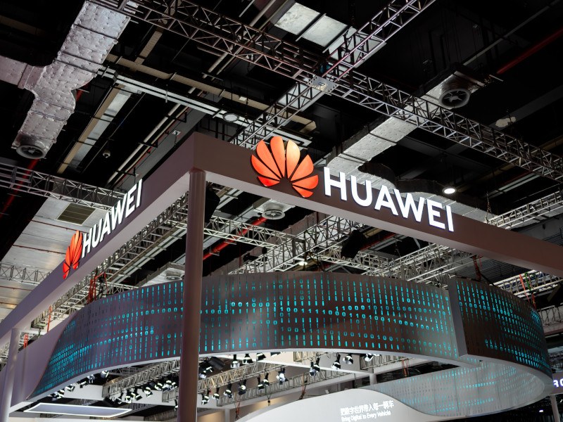 Huawei logo at an expo.