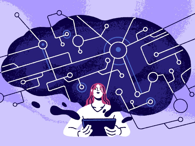 A purple illustration of a woman holding a tablet and there is a large brain behind her, to demonstrate the concept of AI and neural networks.