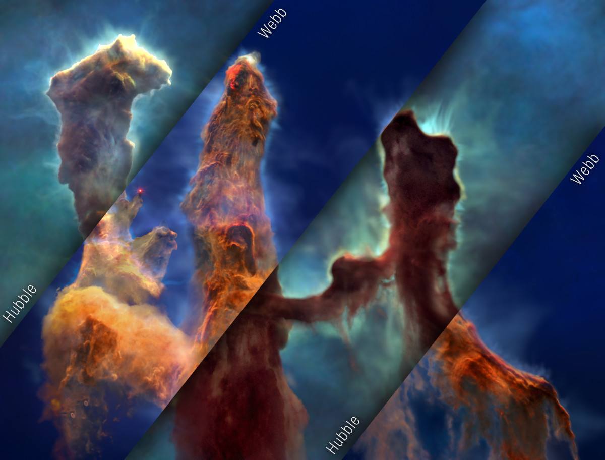 An image of gases in space that look like fingers, with parts of the image taken by Hubble and other parts taken by the James Webb Space Telescope.