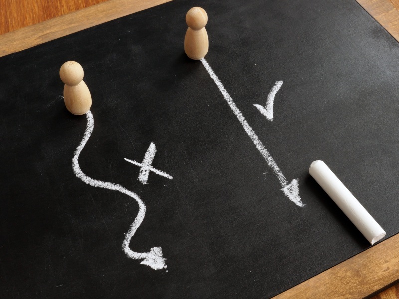 Two wooden figures sit on a chalkboard with two lines drawn in front of them. One is straight and the other is wobbly. Symbolises overcomplicating something.