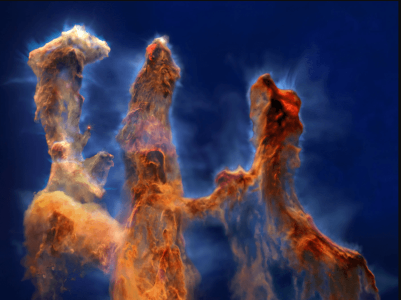Three tall pillars of gas in space that look like fingers, known as the pillars of creation.