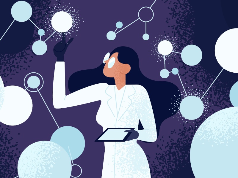 A cartoon image of a woman wearing a white lab coat and glasses and holding a computer tablet while inspecting large neurons all around her.