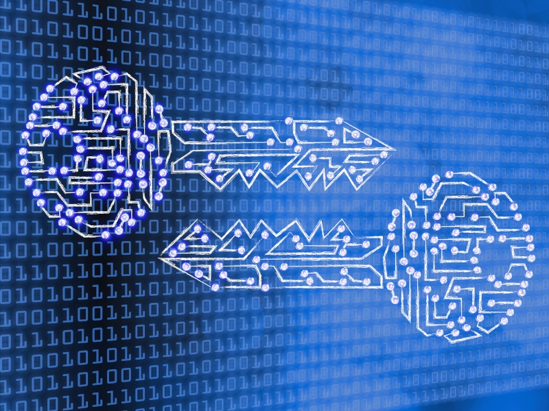 Illustration of two keys next to each other in a blue background full of zeros and ones. Used for the concept of quantum-resistant encryption standards released by NIST.