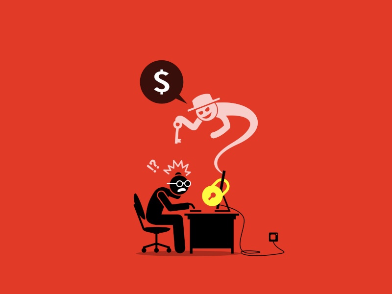 An illustration of a person sitting by a locked computer and a ghost holding a key and asking for money. Used for the concept of ransomware.