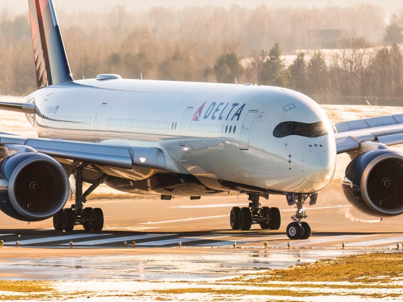 A Delta Air Lines plane in the middle of a runway, with trees and fog in the background.