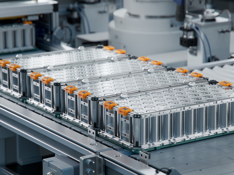 A pile of batteries used for electric vehicles on a metallic table.