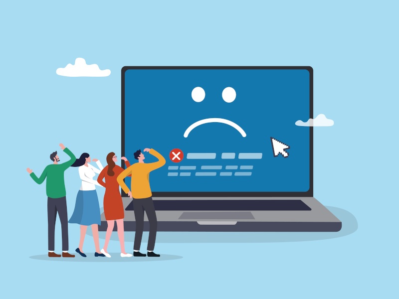 Illustration of a group of people looking at a big laptop with a sad face on it. Used for the context of CrowdTangle being shut down.