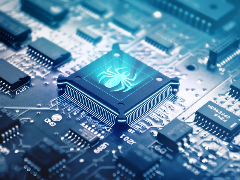 Illustration of a computer chip with a glowing spider icon on it. Used for the context of a Microchip Technologies cyberattack.