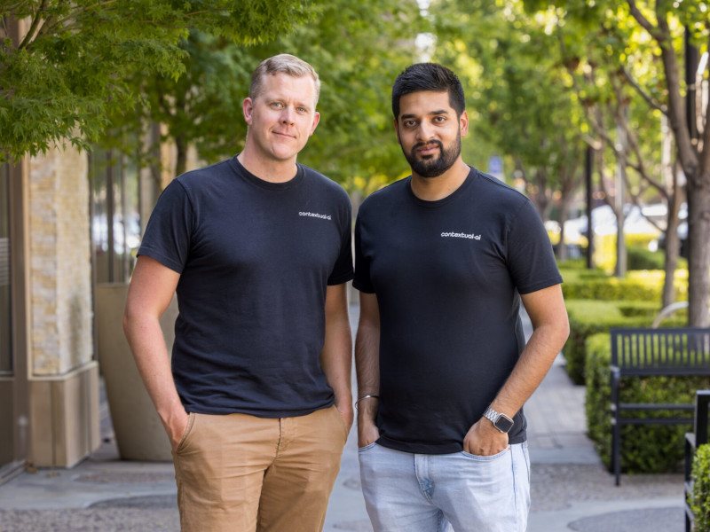 Headshot of two men, both founders of Contextual AI, in the outdoors.