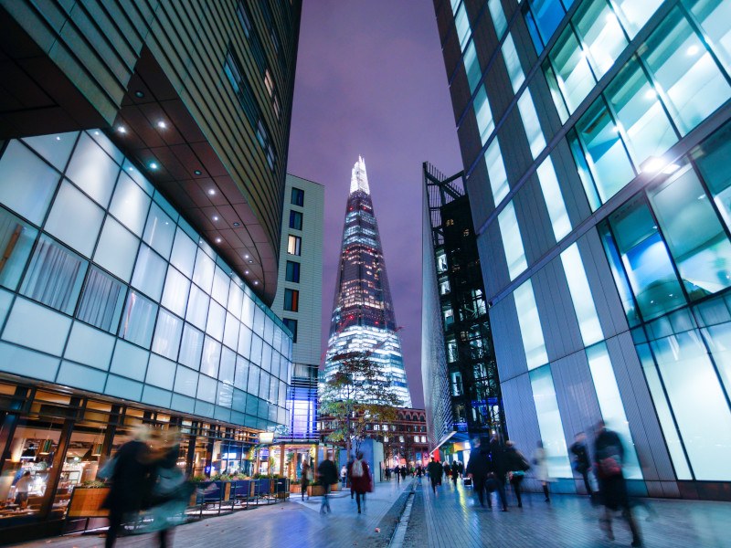 Photo of the streets of London with the Shard building in the centre.