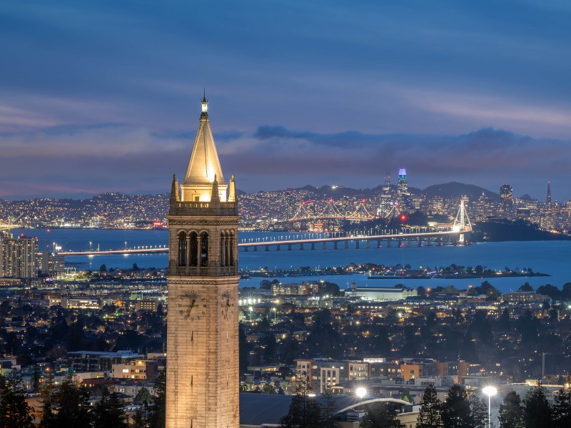 A spire of University of California, Berkeley, as seen in the skyline of a city in California.