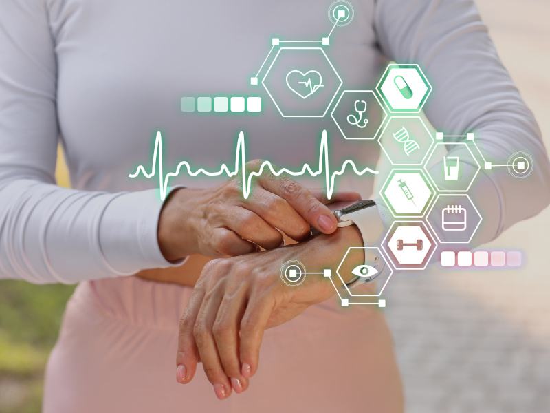 A close-up of a Female runner with fitness tracker checking pulse outdoors with symbols of health stats overlaid on the image.