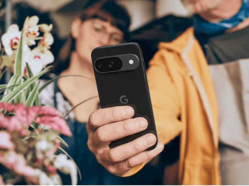 A person holding a Pixel 9 smartphone in their hand, with another person next to them and a flower next to the phone.