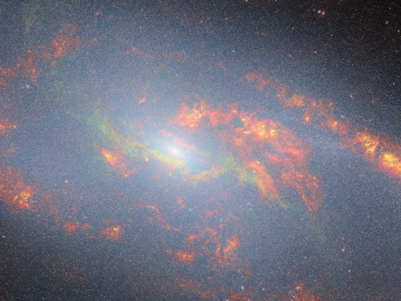 An image of a distant galaxy with a bright light at the centre and swirling arms of red gas around it. Taken by the James Webb Space Telescope.