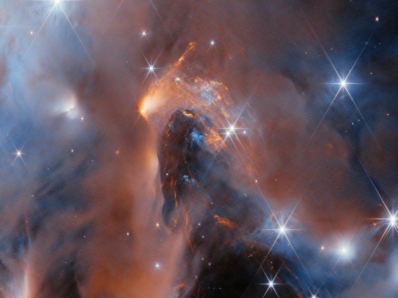 An image of a brown-tinted molecular cloud in space, with bright sparkling stars around it and a nebula in the centre.