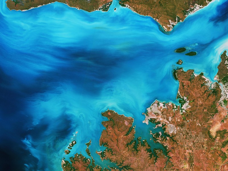 A satellite image of the Clarence Strait, a narrow body of water in Australia’s Northern Territory taken by the Copernicus Sentinel-2 mission