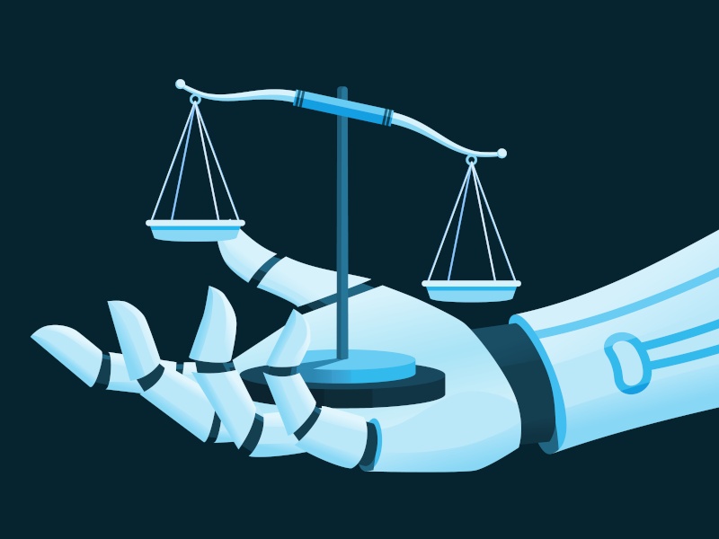 An illustration of a robotic hand holding the scales of justice, symbolising AI governance. Everything has a blue hue.