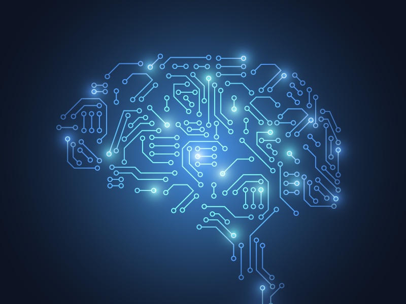 Illustration of multiple wires and circles of light forming the shape of a brain.