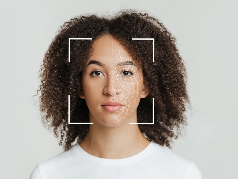 An image of a woman's face with a square around it. Used for the context of Clearview AI and facial recognition technology.