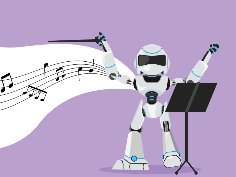 a robot as a composer with musical notes flowing from its raised arm, against a purple background.