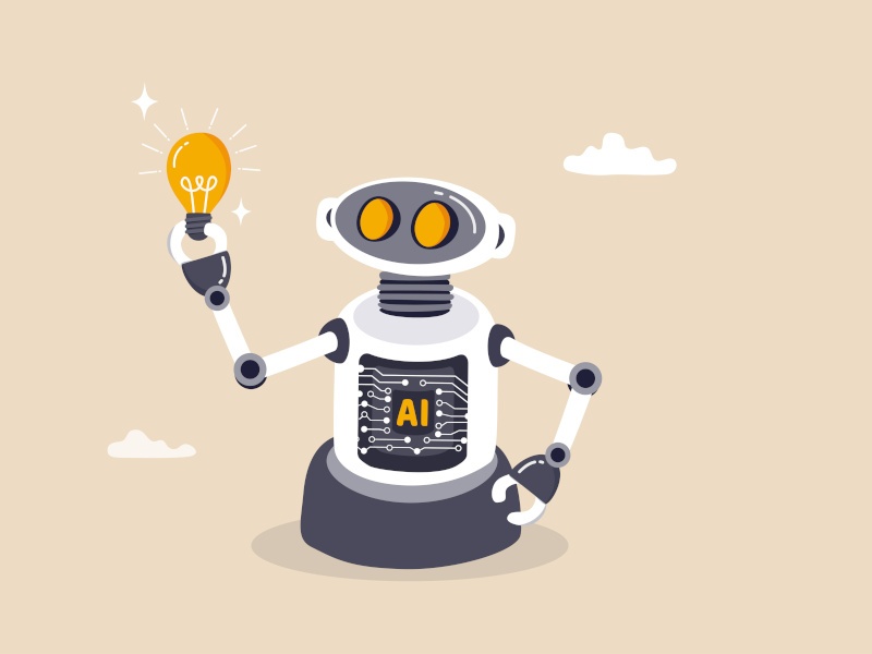 Illustration of a robot holding a light bulb in one hand. Used for the concept of OpenAI and its o1 large language model.