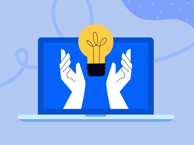 Illustration of a pair of hands on a laptop screen, grasping for a light bulb.